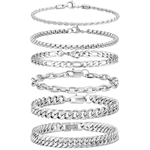 Image of SANNIDHI 6Pcs Bracelet for Man Women Silver Stainless Steel Cuban Link Men Bracelet Metal Rope Paperclip Stackable Bracelets Set Birthday Valentine's Day Gifts for Men