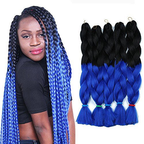 Yonova Two Tone Ombre Jumbo Braid Hair Extensions 32inch 5pcs/Lot Synthetic Kanekalon Fiber Braiding Hair 165g/pc (Black/Royal Blue)