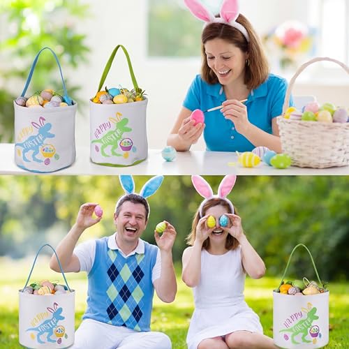 Image of 6 Pcs Canvas Easter Basket with Handle Dinosaur Bucket Bags Bulk Fabric Eggs Hunt Totes for Party Supplies Easter Candy Gifts Storage Favors