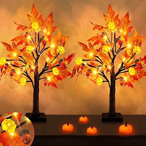 [Timer] 2 Stück 55,9 cm Prelit beleuchtete Ahornbaum Thanksgiving Dekorationen Orange Rot Ahornbaum 48 LEDs Batteriebetrieben 12 exklusive Lackkürbisse 12 Eicheln Herbstbaum Halloween Indoor Home Cover