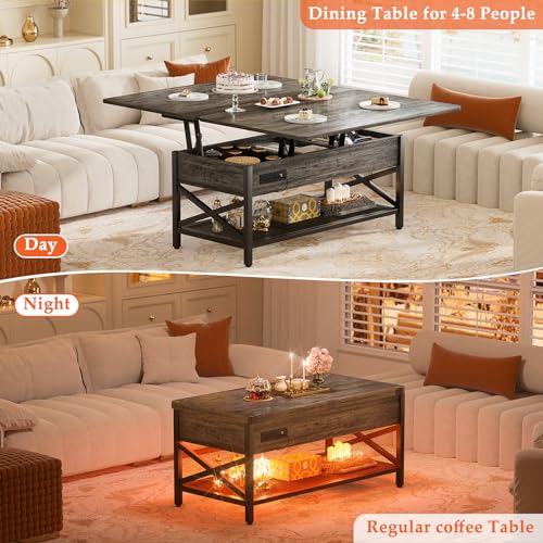 Multi-Function Coffee Table with Lift Top, LED Light, and Power Outlet for Home and Office