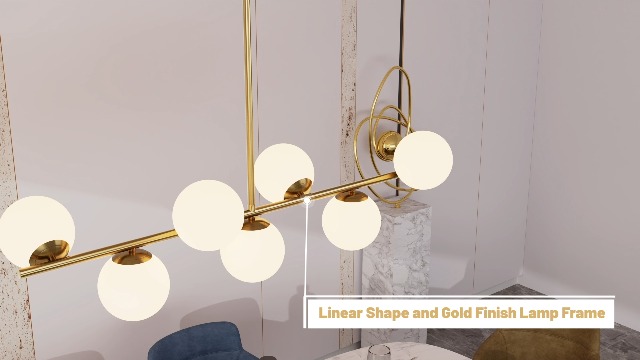 Image of KCO Lighting Modern Brass Linear Chandelier Pendant Light 7-Lights Gold and White Glass Pendant Lighting Mid Century Globe Dining Light Fixture for Living Room Kitchen