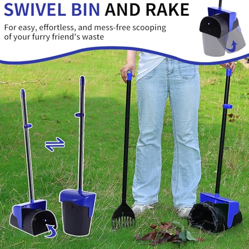 Image of Pooper Scooper Large Swivel Bin & Rake with 160 Waste Bags,Heavy Duty Dog Pooper Scooper with Bag Attachment for Large Small Dogs, Long Handle Poop Scooper with Lid for Yard, Grass, Gravel (Blue)