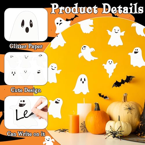 Image of Halloween Glitter Ghost Cutouts - 100Pcs Cute Ghost Glitter Paper Cut-Outs Halloween Paper Die Cut with Glue Points for Teacher Student DIY Craft Classroom Holiday Party Supplies Wall Decorations