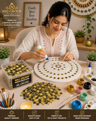 Image of NNJ GROUP 500 Pcs - Golden Square Shape Mirror Kit for Lippan Art and Craft Work, Jewellery Making with Fabric Glue