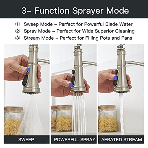 Bwe Kitchen Sink Faucet Brushed Nickel High Arc Single Handle With Pull Down Sprayer 3 Function Commercial Kitchen Faucet With Oversized Deck Plate Lead-Free Gooseneck Rv Solid Brass Bar Faucets #TOP2