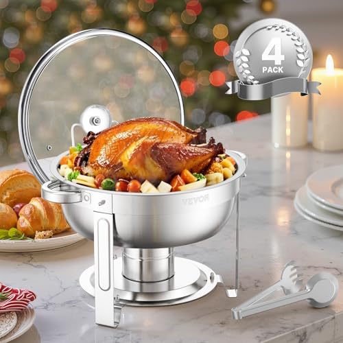 VEVOR Chafing Dish Buffet Set, 5 Qt 4 Pack, Stainless Steel Chafer with 4 Full Size Pan, Round Catering Warmer Server with Glass Lid Water Pan Folding Stand Fuel Holder, for Wedding Party Banquet - Image 3