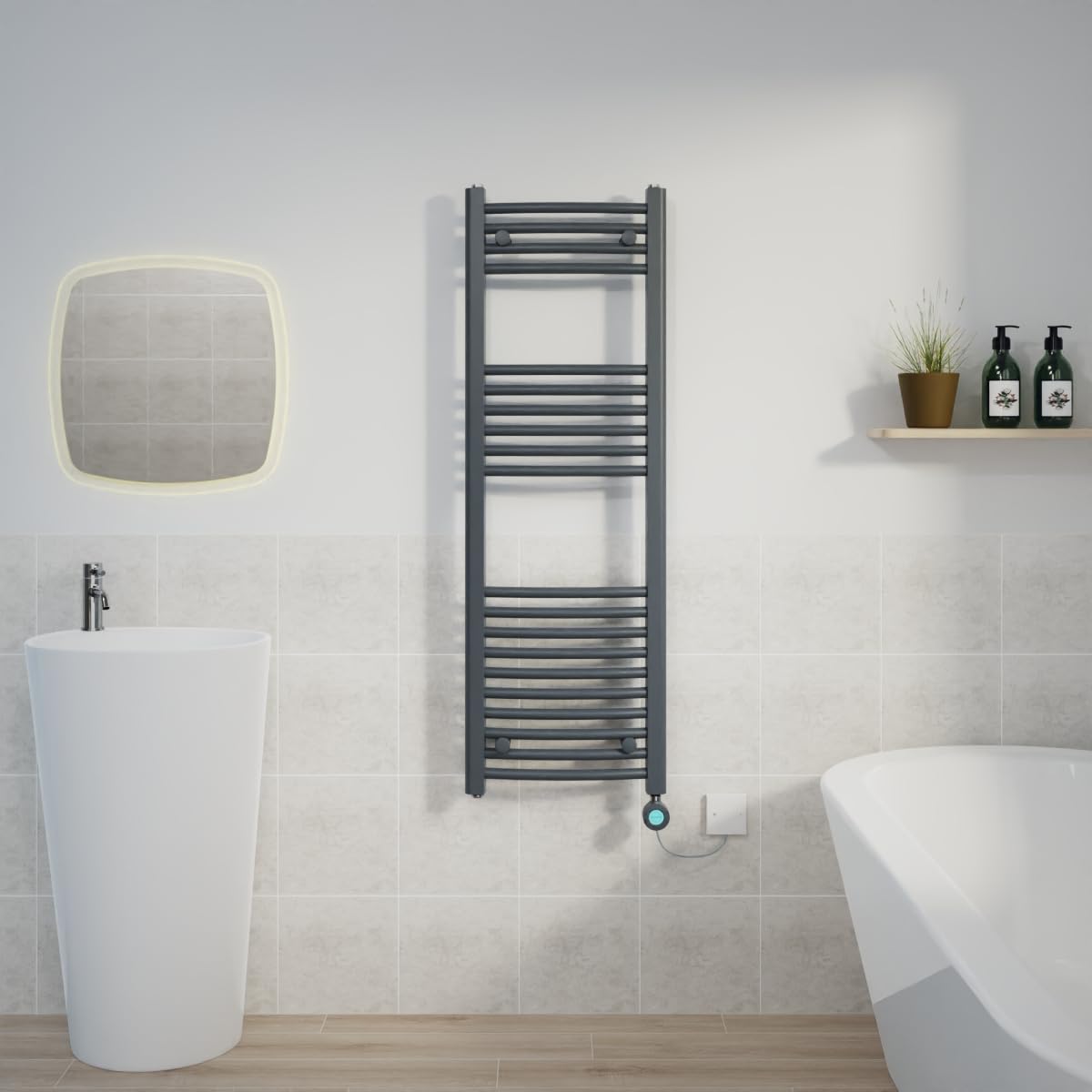 Warmehaus Anthracite Electric Heated Towel Rail Curved Thermostatic Bathroom Towel Radiator With Timer - 1200X400mm 600W