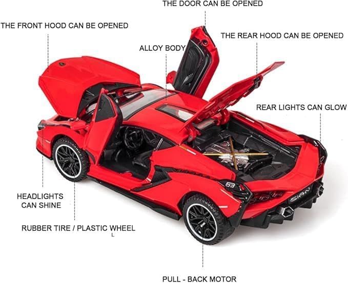 Image of 1:32 Lamborghini Sian Die-cast Metal Toy Car Pull Back Super Car with Openable Doors, Sound & Light for Kids (Red)