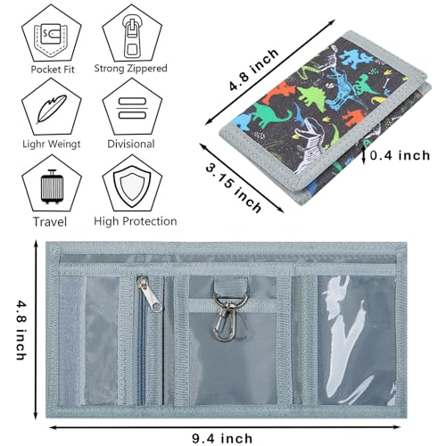 Image of Kids Wallet for Boys Girls Teens Trifold, Canvas Toddler Wallet for Boys, Cute Zipper Wallets Youth with Coin Pocket Card Holders, Novelty Wallets for Childrens Birthday Gifts, Dinosaur 02