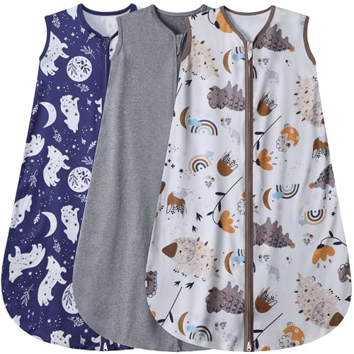 Image of BSTOPPT 3 Pack Baby Sleep Sack 100% Rayon Cotton Baby Sleeping Bag 2-Way Zipper Toddler Wearable Blankets TOG 0.3. (Fox&Dinosaurs&Dark gray, 6-12 Months)