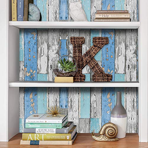 Caltero Wood Plank Wallpaper 17.7" × 118" Blue Distressed Wood Wallpaper Peel And Stick Wood Grain Contact Paper Vintage For Furniture Bedroom Countertop Cabinet #TOP7