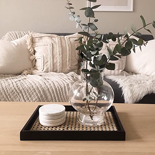 Ferahi Coffee Table Tray, Black Wood Serving Tray, Rattan Tray, Candle Tray, Decorative Tray, Modern Farmhouse Decor, Wooden Tray For Living Room, Bedroom, Bathroom, Kitchen, Dinning Room, 14"X 9.8" #TOP7