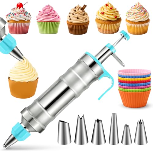 Image of Novano Dessert Decorating Syringe Set, Frosting Piping Kit Stainless Steels Cake Decorating Kit with 6 Piping Tips & 9 silicone cupcakes, Cupcake Decorating Kit Piping Bags and Tips Set