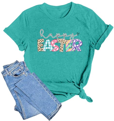 Image of Women Happy Easter T Shirt Bunny Rabbit Graphic T-Shirt Funny Letter Printed Shirts Short Sleeve Tops