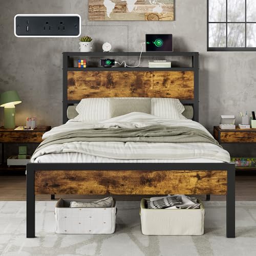 Image of AMERLIFE Twin Size Bed Frame with Storage Headboard & Charging Station, Industrial Metal Platform Bed with Large Under-Bed Storage, Heavy Duty Slats, No Box Spring Needed, Dark Brown