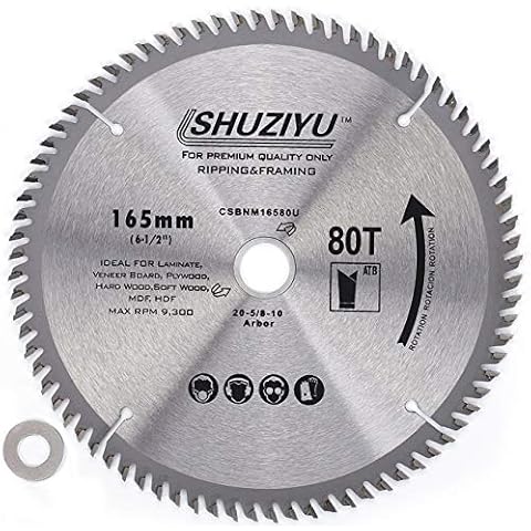 SHUZIYU 165MM 80T Wood Arbor 20mm with 5/8" and 10mm Washer.for Laminate, Veneer Board, Plywood, Hard Wood, MDF and HDF Cutting Cover