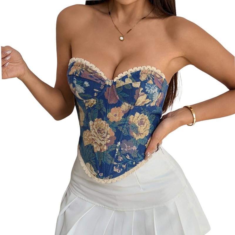 Women’s Lace Up Floral Corset Vest | Boned Fishbone Chest Wrap Top