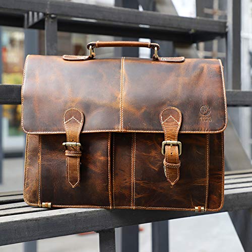 Rustic Town Handcrafted 16-Inch Brown Leather Shoulder Briefcase Messenger Bags Men's 15.6 Inch Laptop Satchel #TOP5