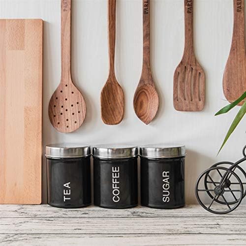 Harbour Housewares 3 Piece Contemporary Tea Coffee Sugar Canister Set - Steel Kitchen Storage Caddy with Rubber Seal - Black - 10cm