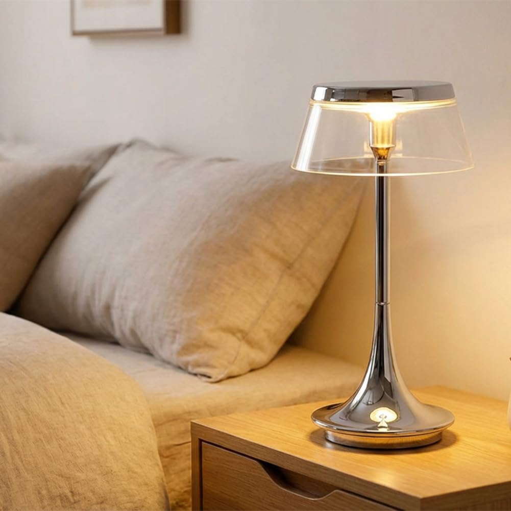 LED Tischlampe Pilz Kabellos Akku Pilzlampe Dimmbar Touch Control Tischleuchte USB Aufladbar Batteriebetrieben Pilzlampe Innen und Außen Tragbare Mushroom Lampe Chrom Nachttischlampe,Silber