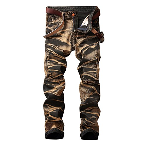 PrettyChic Men's Denim Jeans Premium Straight Fit Tapered Leg Hip Hop Vintage Jeans, Yellow, Tag Size 38=US Size 36