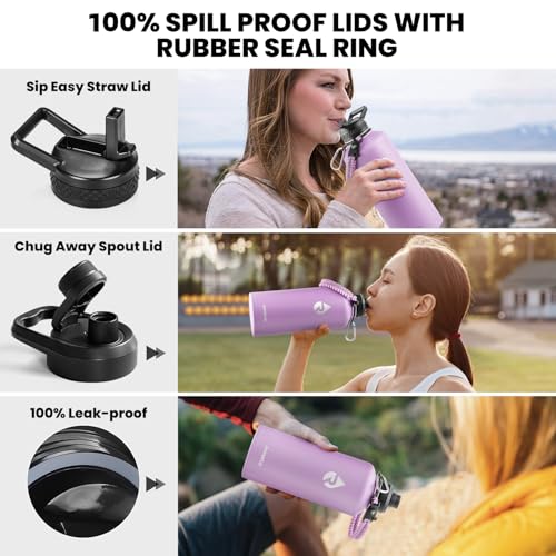 Image of RAYMYLO Insulated Water Bottle 87 oz, Triple Wall Vacuum Stainless Steel (Cold for 48 Hrs), Leak Proof & Non-BPA, Modern Water Flask Jug with Paracord Handle & Straw Spout Lids, Light Purple