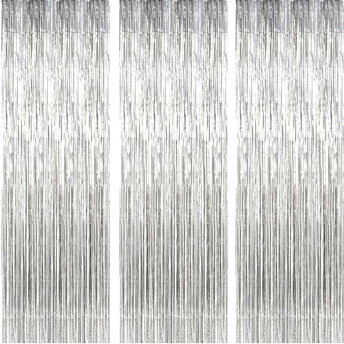 AILEXI 3 Pack Rideaux Métalliques Clinquant Feuille Frange Miroitement Rideau Porte Fenêtre Décoration pour Anniversaire Fournitures De Fête De Mariage 3ft*8ft (92 * 245cm) - Argent