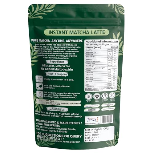 Image of JAWAI MATCHA LATTE INSTANT PREMIX | 100 Grams | Japanese Matcha Green Tea Powder | UNSWEETENED, No Added Sugar | Antioxidant Rich, Keto & Vegan Friendly | Just Add Hot or Cold Water | 5 Sachets x 20G