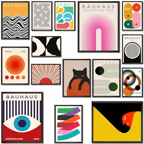 LANCHI95 15PCS Boho Wall Decor – Mid Century Modern Wall Art Boho Posters, Minimalist Posters for Living Room Aesthetic, Bauhaus Wall Art Abstract Poster, Collage Kit Pictures - UNFRAMED