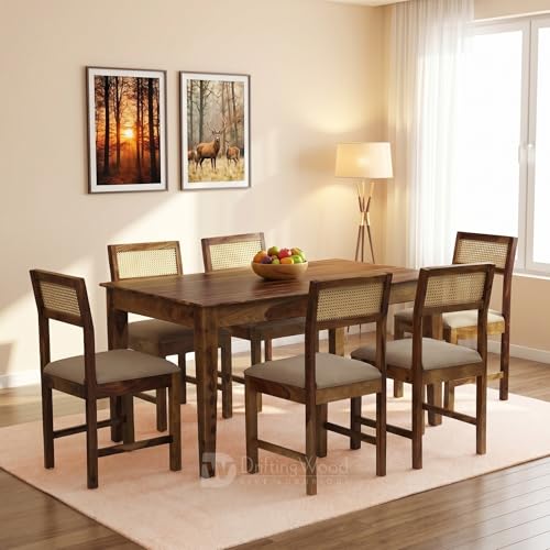 Image of DRIFTINGWOOD Amber 6 Seater Solid Sheesham Wood Dining Table Set with 6 Rattan Cushioned Chairs | Modern Dining Room Furniture, Rich Teak Finish (DIY)
