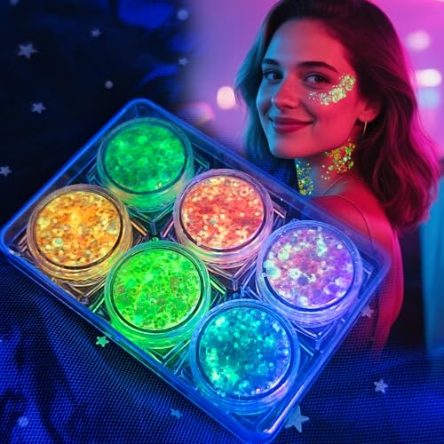 MiraWish 6 Colors Glow Body Glitter Gel, Glow in The Dark Hair Face Glitter Gel, Rave Accessories for Festivals Carnival UV Black Light Party