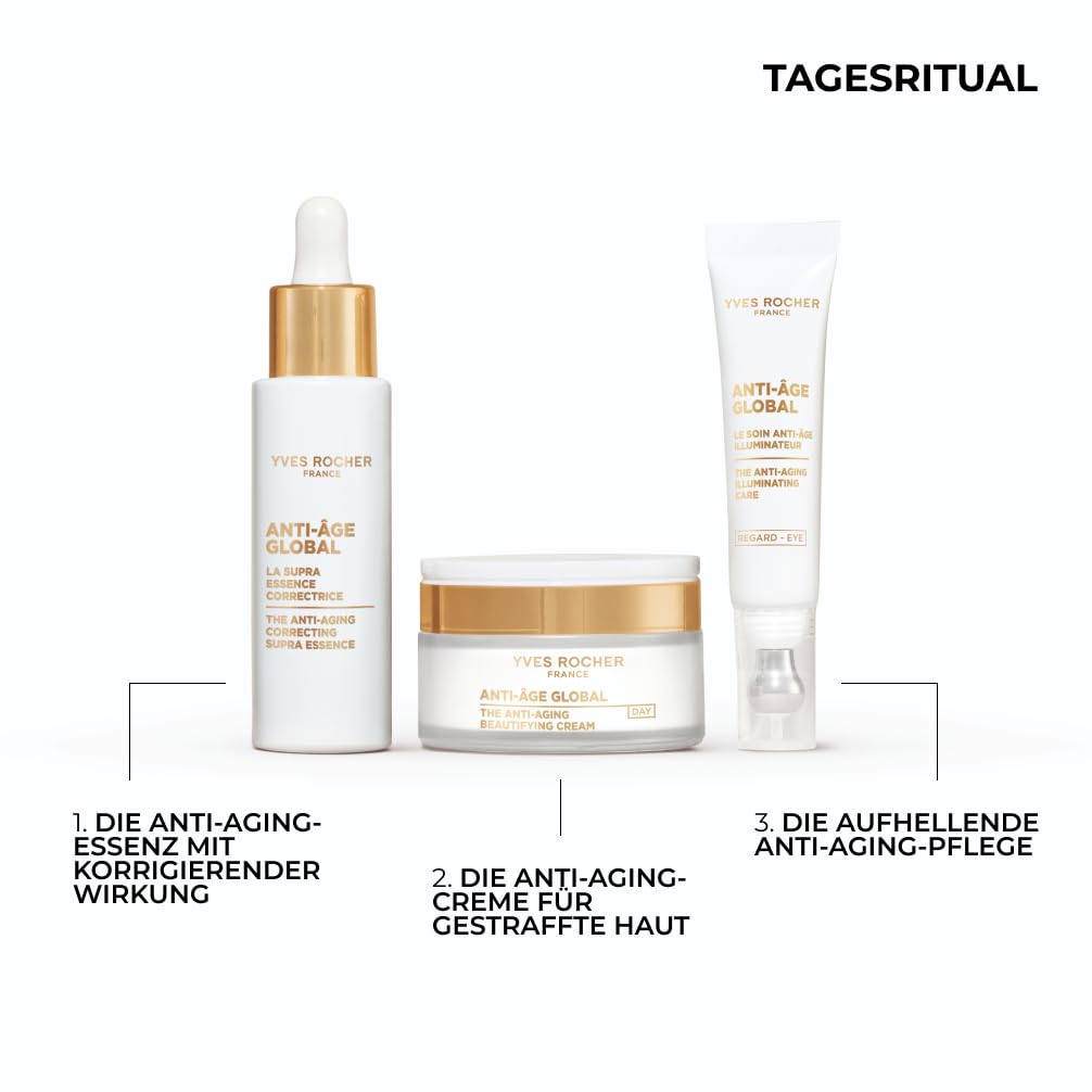 Yves Rocher Anti-Age Global Set – Tagescreme 50ml + Nachtcreme 50ml + Supra Essence Serum 30ml – Mit Gold-Achillea – Anti-Aging Gesichtspflege – Strafft, regeneriert und hydratisiert