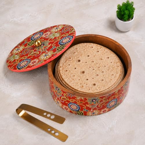 Image of Wooden Chapati Box for Kitchen - Casserole for Roti with Stainless Steel Brass Lid | Wooden Chapati Box with 1 Tong | Traditional Kitchen Organizer - Red (Printed)