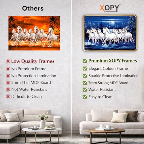 Image of XOPY Seven Running Horses with Golden Frame | Vastu 7 horses Raw Pyrite Painting for Home, Office & Living Room Wall Decore | 12X18 Inch Sparkle Laminated Frame | Best For Gifting (3068, 12X18)