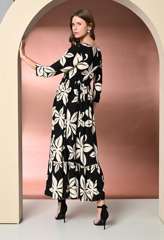 Image of Daevish Women's New Rayon Printed Tie-up Waist V Neck Flared Maxi Dress | Women Flared Dress