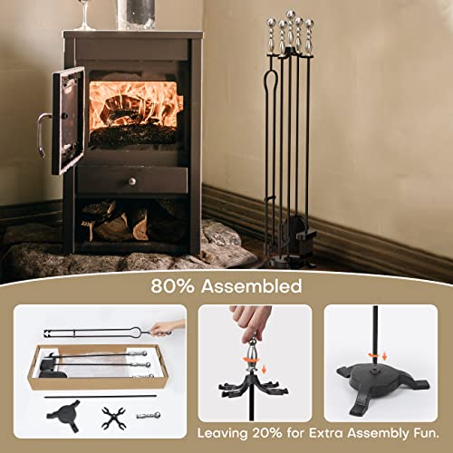 Comfyhome 5-Piece Fireplace Tools Set 32'',Heavy Duty Wrought Iron Fire Place Tool W/Long Fire Poker, Shovel, Tongs, Brush, Stand For Outdoor Indoor Chimney,Stove, Fire Pit Easy To Assemble,Silver #TOP2