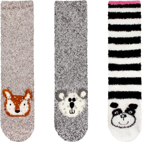 Image of BambooMN Super Soft Warm Cute Animal Face Non-Slip Fuzzy Crew Winter Home Socks, Value Pack
