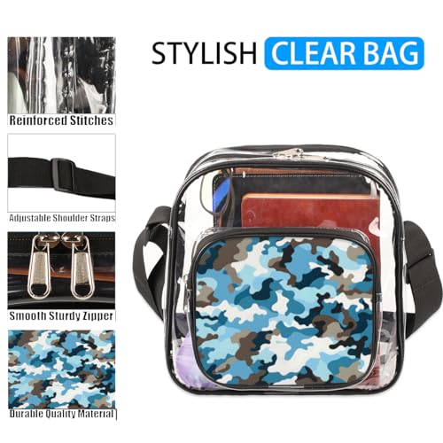 Clear Crossbody Bag Stadium Approved Camouflage Print Transparent Bag for Festivals, Sports Events, Concerts,Beach Bag for Women Men Camo Blue Clear Purse with Front Pocket Messenger Bag2