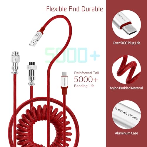 XINMENG X MAMBASNAKE C01PRO Kabel Spiralny do Klawiatury, Linia HyperSpeed ​​Type-C z Częstotliwością Powrotu 8KHz, Nylonowy Oplot Kabla USB-C Metalowym Wykończeniem do Klawiatury/Telefonu - Czerwony