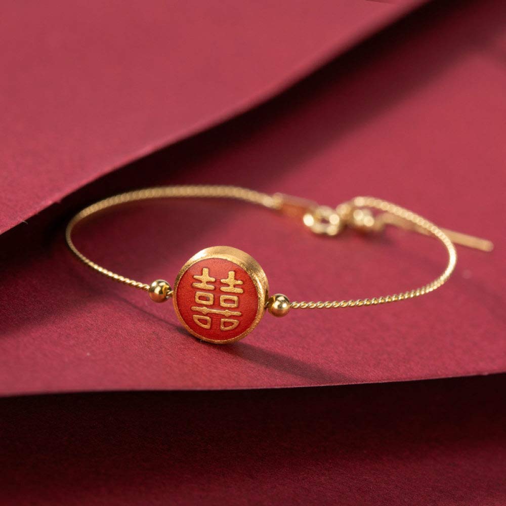 Girls Accessories Bracciale in Argento Sterling 925 Vintage per Donna Semplice Smalto Placcato Oro Cloisonne Stile Cinese Rosso Rotondo XI Classico Gioielli Fascino Spiaggia Estiva Birthday Gift