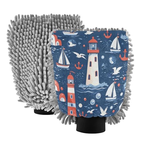 STAYTOP Seagull Lighthouse Car Wash Mitt Microfiber, 2Pcs Scratch Free Lint-Free, Premium Chenille Microfiber Mitt Car Wash Brush-L