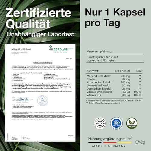 Leber Kapseln - 120 Kapsel - Einzigartige Zusammensetzung: Mariendistel, Cholin, Artischocken - in Deutschland produziert & Laborgeprüft -Natürlich & vegan
