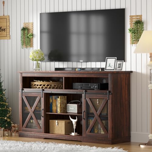 Farmhouse 65 Inch TV Stand with Sliding Barn Doors Storage Cabinet Brown