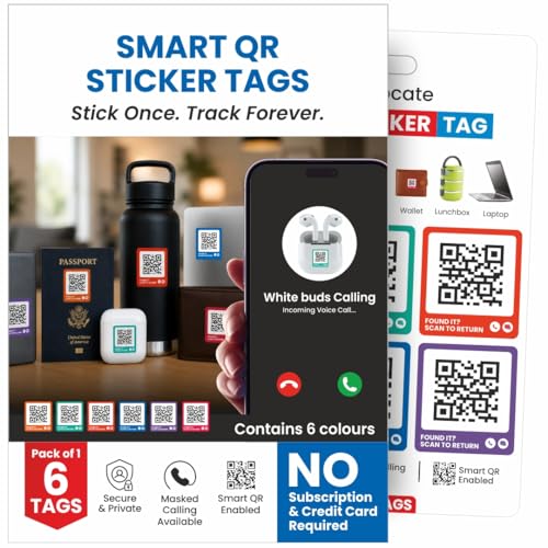 Image of Smart Sticker TAG for Everyday Items Like Water Bottle, Helmet, Headphones, Passport, Laptop, Luggage | Contact Owner Privately | Real-time scan alerts | Works with Android & iOS-(Pack of 6)