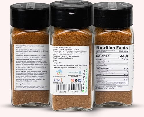 Image of Pure Tree Certified Organic Ajwain Powder | 60 g | Glass Jar | Carom Seed Powder | Ajavain | Omam Powder Gluten-Free | Vamu Seeds | Ajowan | Ayamodakam Seeds Rich In Antioxidants