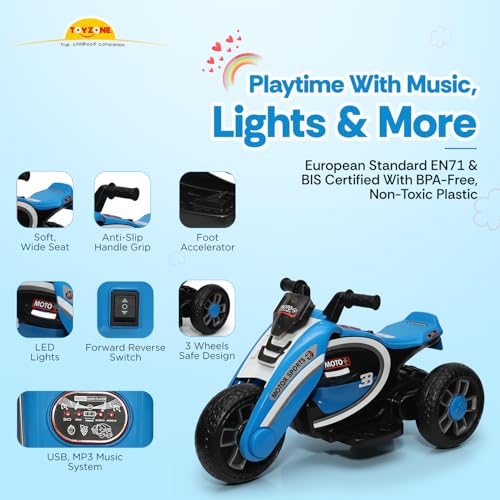Image of Toyzone Moto Electric Bike (Blue) | 6V Rechargeable Bike with 4.5Ah Battery | LED Lights, Built in Music | Smooth Acceleration | 6M Battery Warranty | Age 2-8 Years, Upto 35 kg