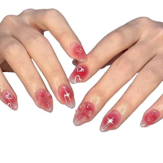 UñAs Postizas 24 piezas de uñas postizas con diseño lazo blanco, cortas, redondas, color rosa dulce, melocotón, for niñas, cobertura completa que se pueden usar(4)