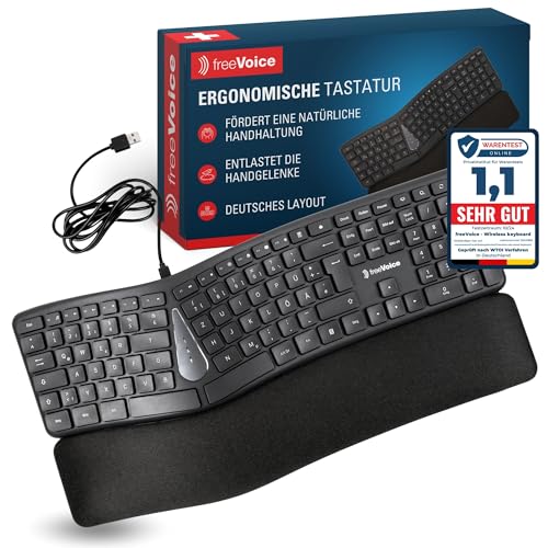 freeVoice Ergonomische Tastatur USB Kabelgebunden – Geteiltes QWERTZ DE Layout mit 112 Tasten, Memory-Foam Handballenauflage, Multiplattform kompatibel Windows macOS Linux
