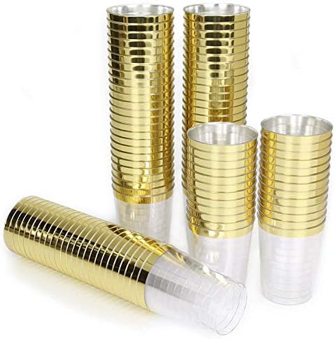AiKOOL Plastic Cups with Gold Trim 10oz, 100 Pack Hard Disposable Clear Cups for Party or Wedding